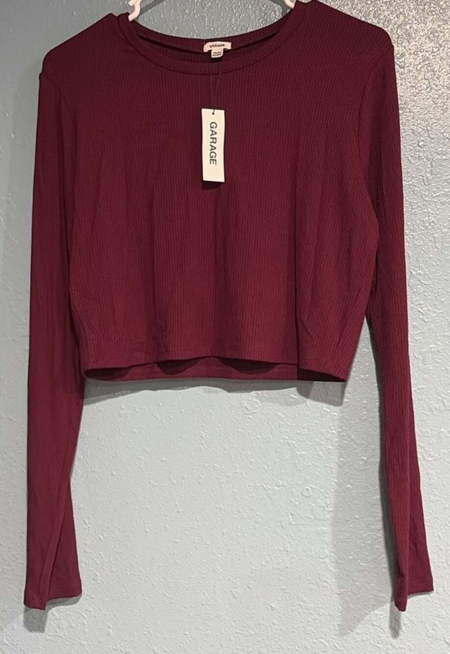 Garage Ribbed Long Sleeve Crew Neck Crop Top